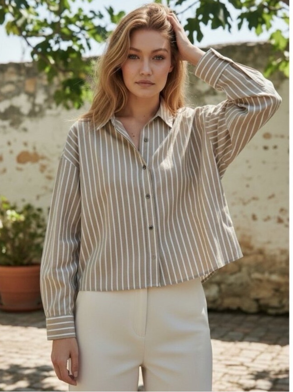 Everlane Tan and White Striped Button-Down Shirt
